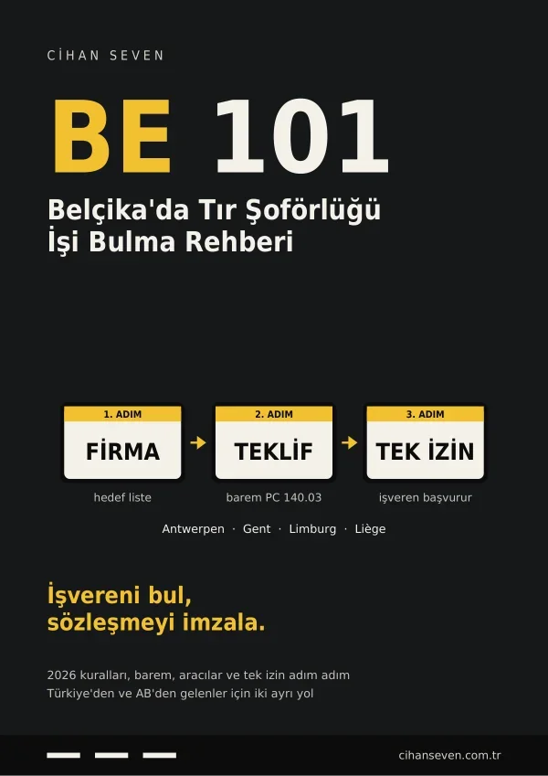 Belçika'da Tır Şoförlüğü İşi Bulma 101: İşvereni bul, sözleşmeyi imzala: 2026 kuralları, barem ve tek izin — e-kitap kapağı